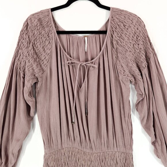 Free People Blouson Mini Dress Size XS Boho Tunic Balloon Sleeve Raw Hem Crinkle - Picture 3 of 13